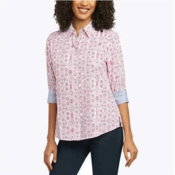 FoxCroft Easy Care Red Blue White Print Button Down Shirt - Picture 1 of 11